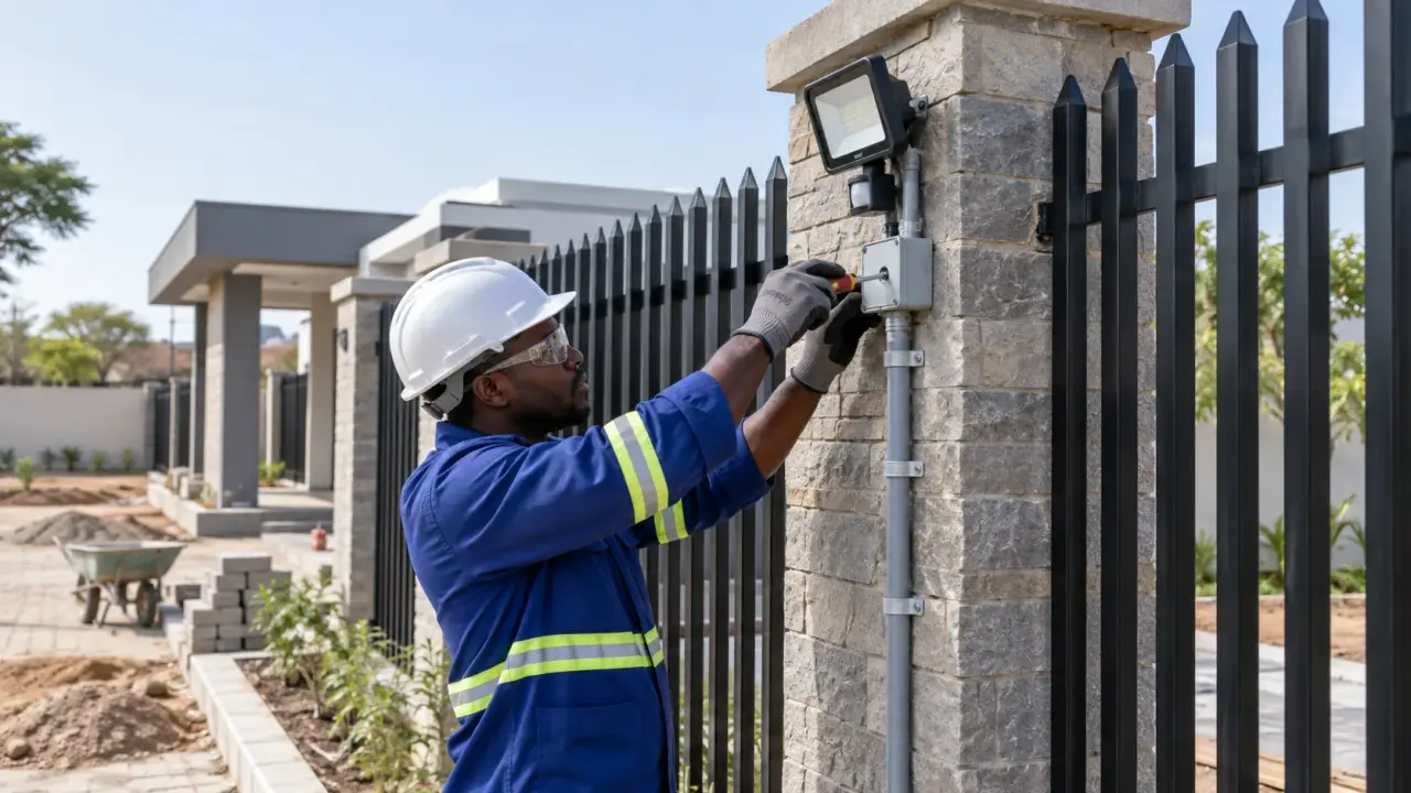 Electrical contractor working beside a palisade perimeter fence